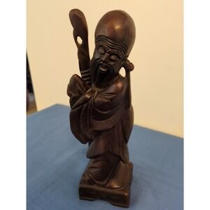 Hand Carved 10 Inch High  Dark Wooden Chinese "God of Longevity"